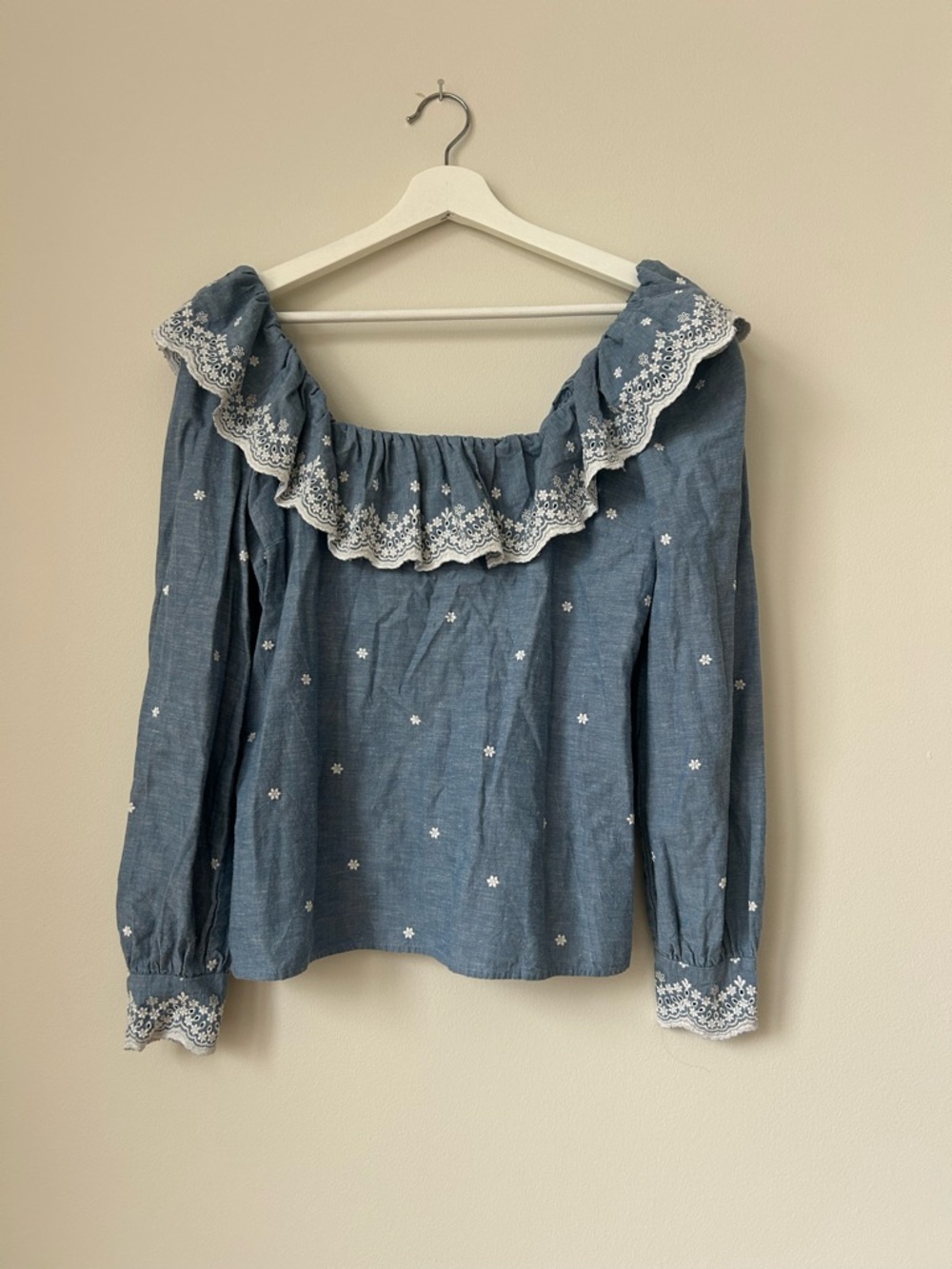 Sezane Francesca Chambray Blouse Blue White Embroidered Off Shoulder Ruffle Top - Picture 2 of 12